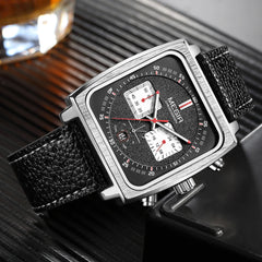 Square Dial Chronograph Quartz Watches for Men Fashion Blue Leather Strap Casual Sport Wristwatch with Date 24-Hour 2182