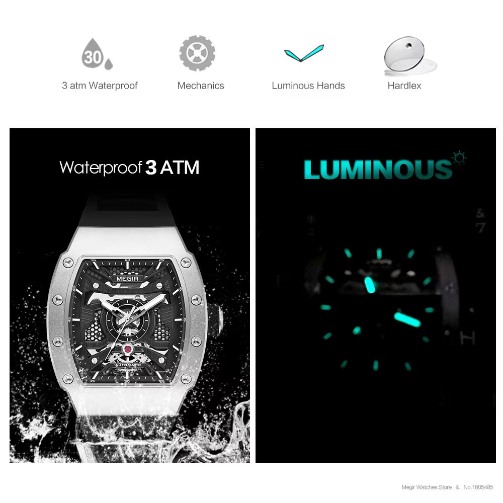 Men'S Automatic Mechanical Watch with Stainless Steel Case Sillicone Strap Fashion Waterproof Luminous Wristwatch 8604