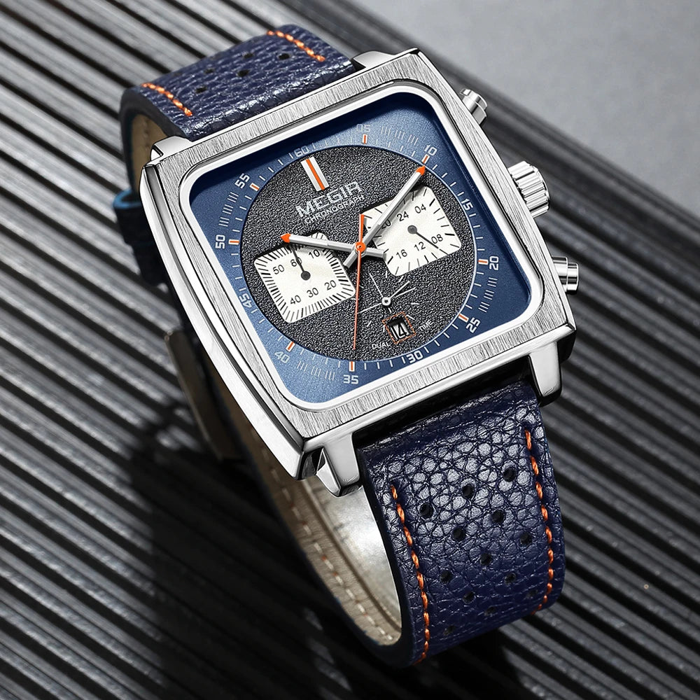 Square Dial Chronograph Quartz Watches for Men Fashion Blue Leather Strap Casual Sport Wristwatch with Date 24-Hour 2182