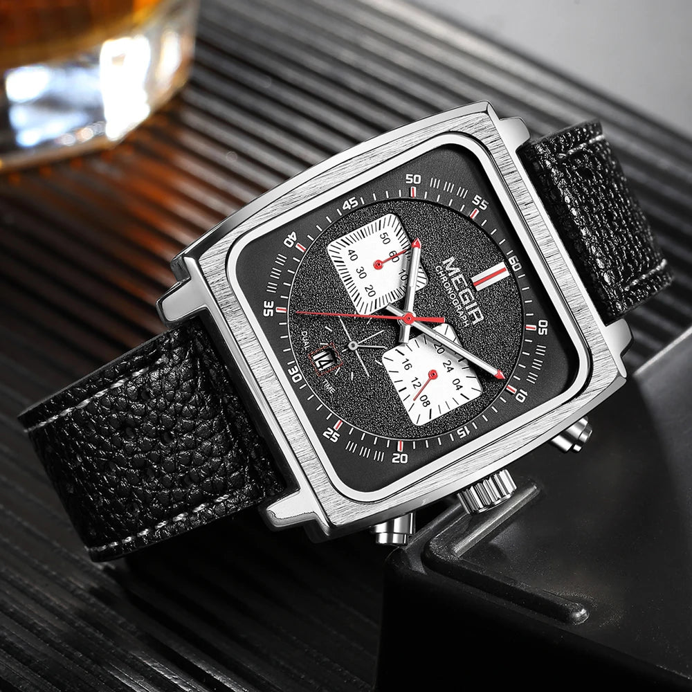 Square Dial Chronograph Quartz Watches for Men Fashion Blue Leather Strap Casual Sport Wristwatch with Date 24-Hour 2182
