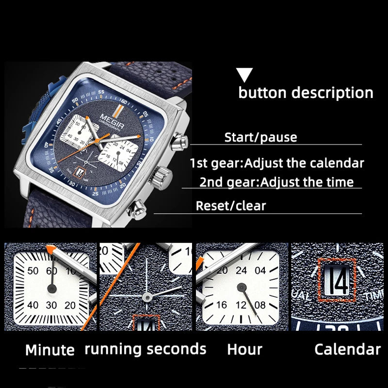 Square Dial Chronograph Quartz Watches for Men Fashion Blue Leather Strap Casual Sport Wristwatch with Date 24-Hour 2182