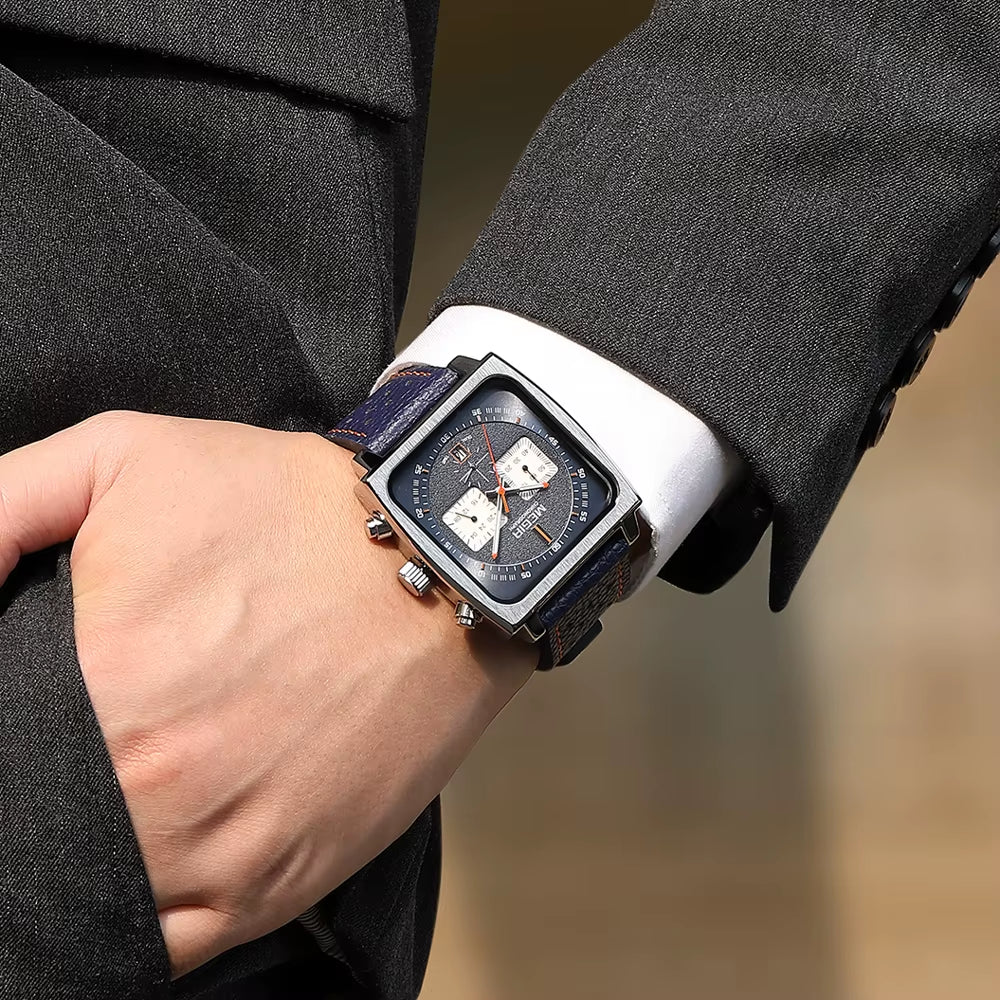 Square Dial Chronograph Quartz Watches for Men Fashion Blue Leather Strap Casual Sport Wristwatch with Date 24-Hour 2182