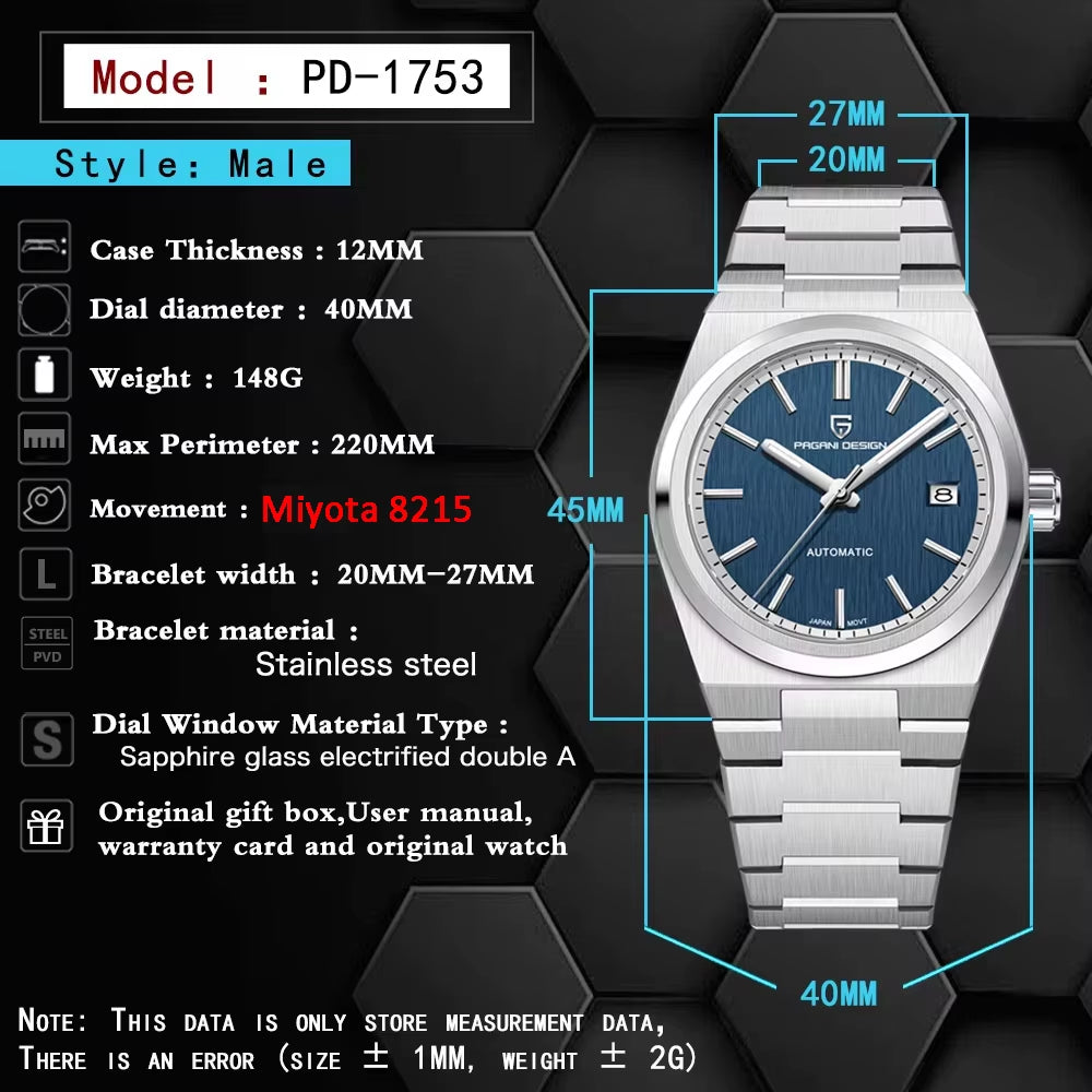  Fashion Automatic Miyota Mechanical Watch Miyota8215 Luxury Sapphire AR Coated Stainless Steel Waterproof