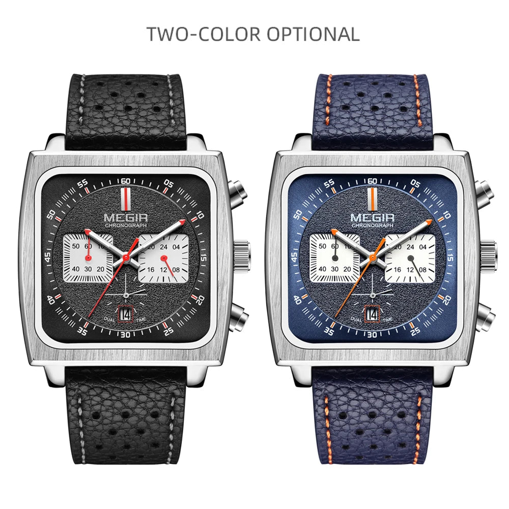 Square Dial Chronograph Quartz Watches for Men Fashion Blue Leather Strap Casual Sport Wristwatch with Date 24-Hour 2182