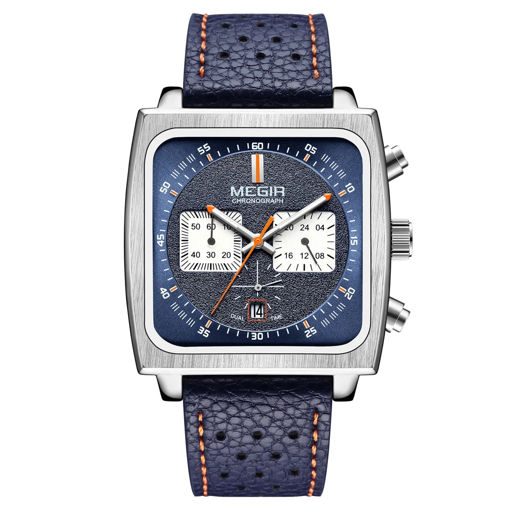 Square Dial Chronograph Quartz Watches for Men Fashion Blue Leather Strap Casual Sport Wristwatch with Date 24-Hour 2182