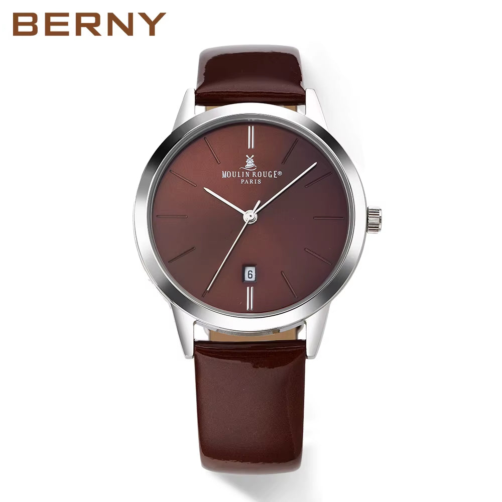 Japanese Quartz Movement with Calendar Window and  Leather Strap 